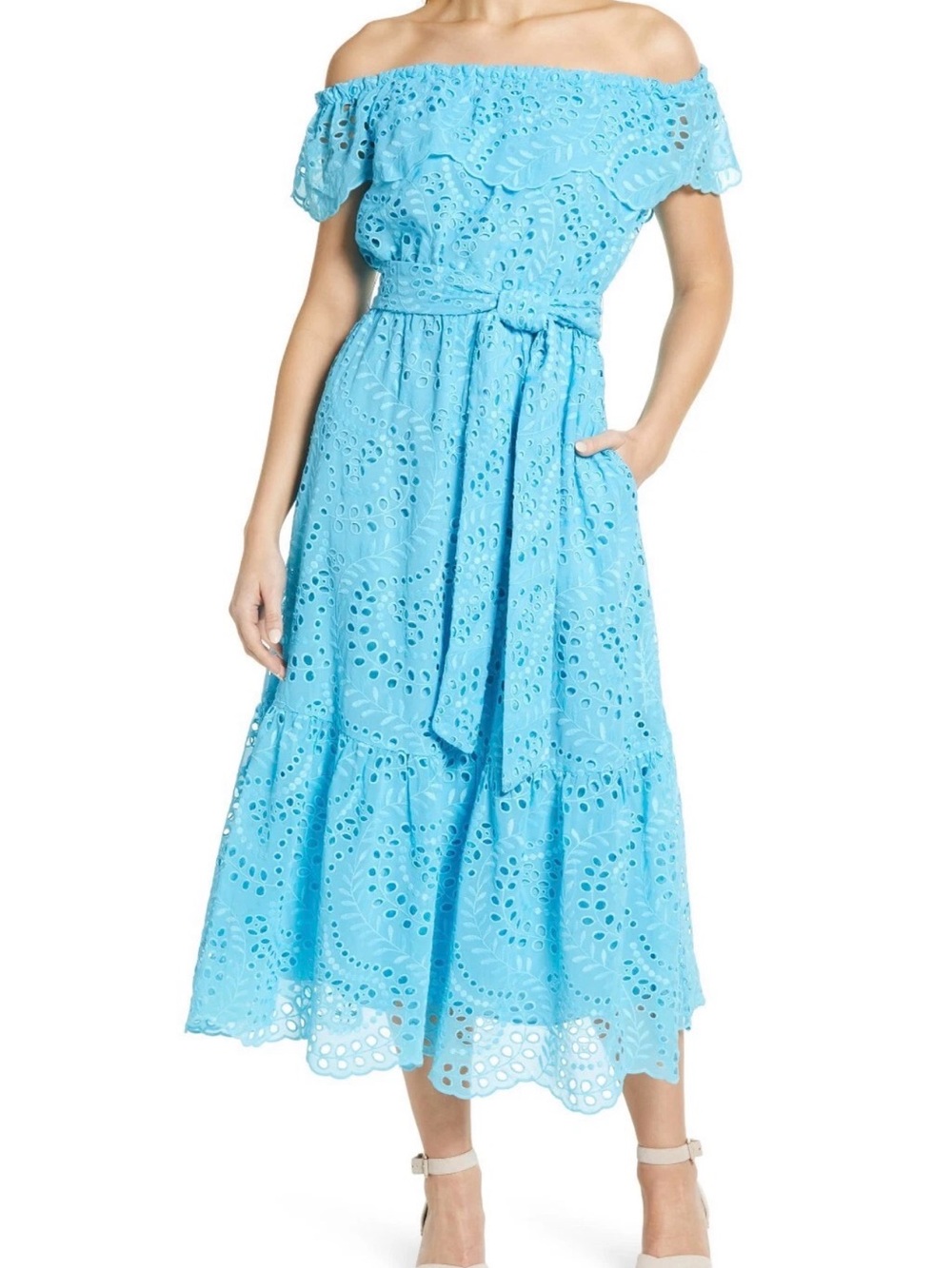 Lilly Pulitzer Sky Blue Off-Shoulder Eyelet Midi Dress